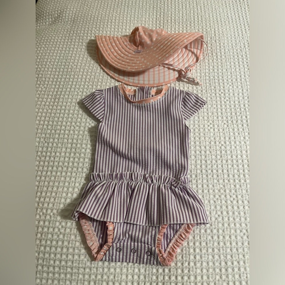Ruffle Butts Purple Seersucker and pink hat